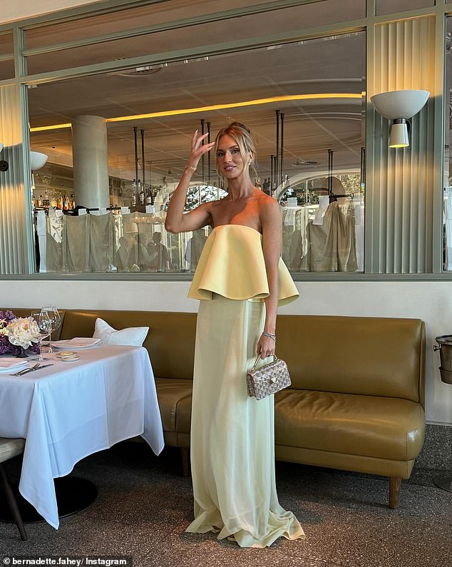 Pilates queen Bernadette Fahey (pictured) looked stunning in a strapless yellow dress