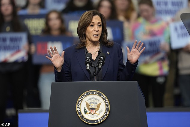 Democratic vice presidential candidate Kamala Harris speaks during a campaign rally at the University of Wisconsin La Crosse in La Crosse, Wisconsin, Thursday, Oct. 17, 2024.