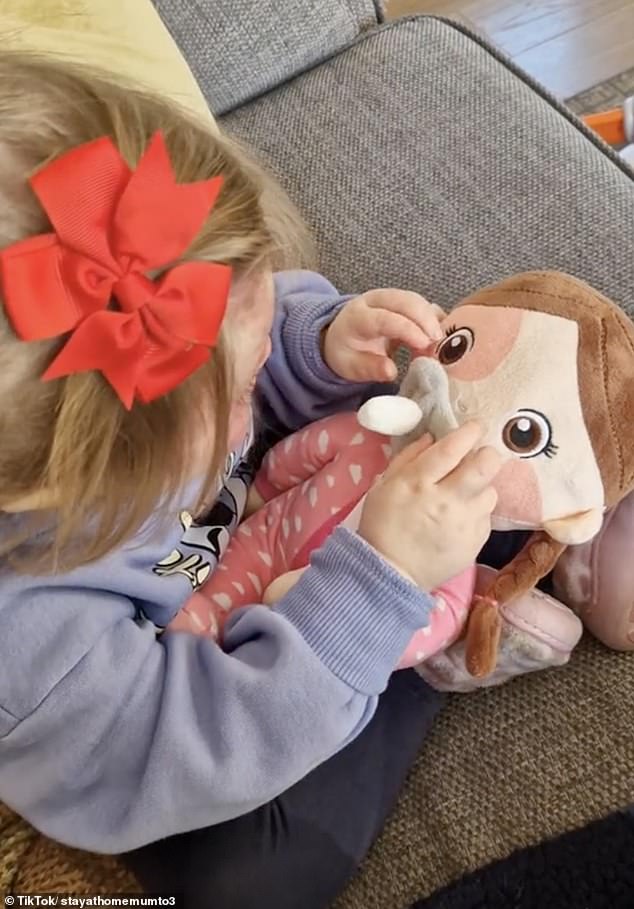 A mother who goes by @stayathomemumto3 thanked the discount store for creating a doll representing her daughter (pictured)