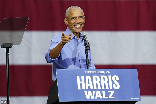 Former President Obama at a campaign rally for Vice President Kamala Harris in Pittsburgh on October 10. He will also campaign in Arizona, Nevada, Michigan and Wisconsin in the coming days.