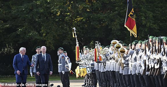 BERLIN, GERMANY – OCTOBER 18: German President Frank-Walter Steinmeier welcomes United States President Joe Biden with an official ceremony at Bellevue Palace in Berlin, Germany, on October 18, 2024. (Photo by Halil Sagirkaya/Anadolu via Getty Images)