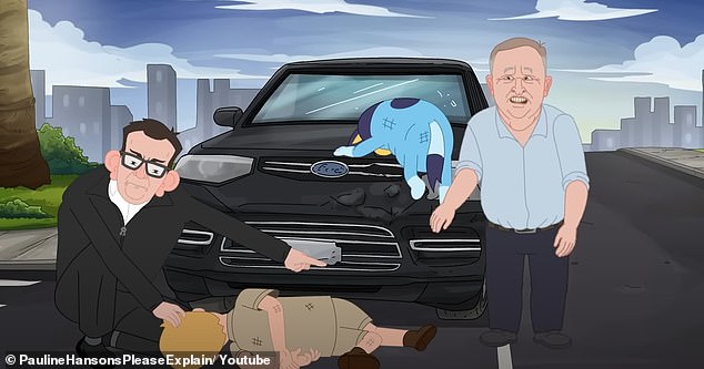 In the video the characters of Dan Andrews and Anthony Albanese run over 'Robert Irwin' and 'Bluey'