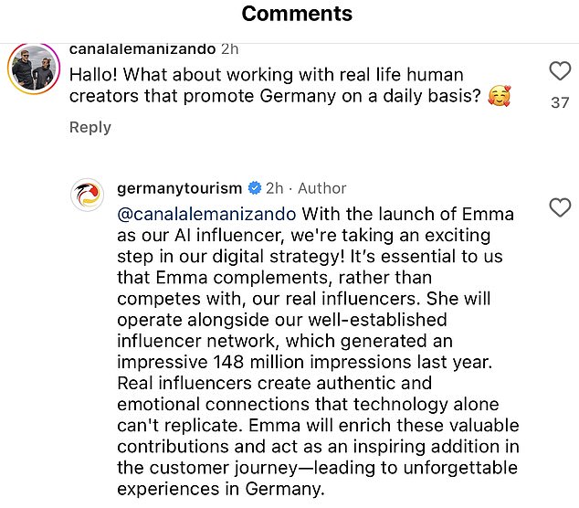 Germany's National Tourist Board defended her digital creation, insisting that Emma is not here to replace real influencers but to 