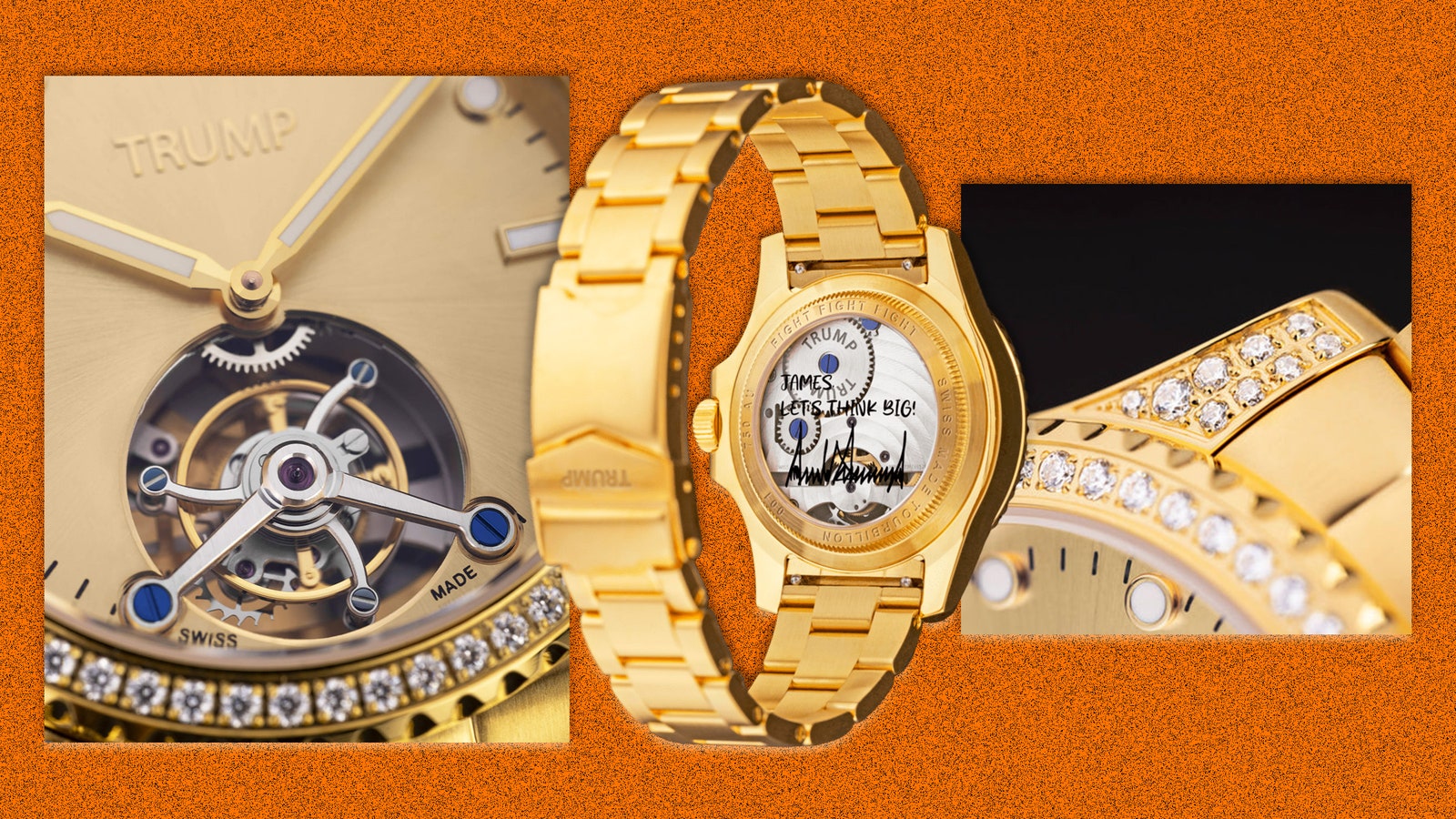 A gold watch and two close-ups with diamond details.