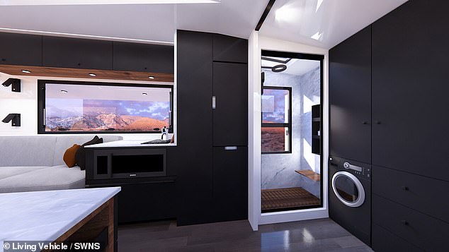 The Cybertrailer's main living area transforms into a private bedroom and bunk room for four adults and one child.