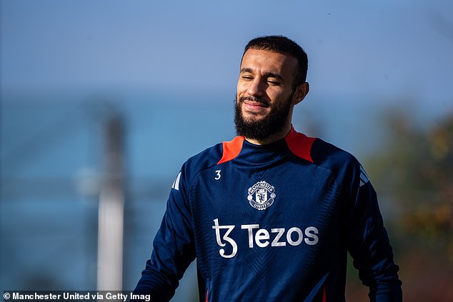 Mazraoui was pictured training this week as Man United prepare to host Brentford.