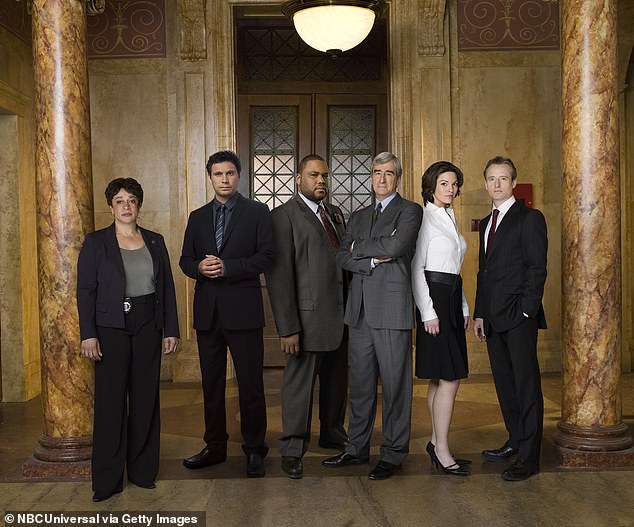 (L) S. Epatha Merkerson as Lieutenant Anita Van Buren, Sisto as Cyrus Lupo, Anthony Anderson's Detective Kevin Bernard, Sam Waterston as Assistant. Prosecutor Jack McCoy, Alana De La Garza as Connie Rubirosa, Linus Roache as Michael Cutter