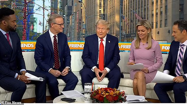 The former president during an appearance on Fox & Friends in New York City on October 18. During the interview, host Brian Kilmeade (far right) tried to press him on his position on women voters and Nikki Haley on the campaign trail.