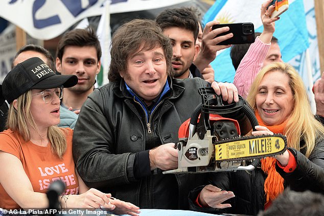 Javier Milei waving a circular saw at a political rally last year. He seems to be the living embodiment of the libertarianism he defends.