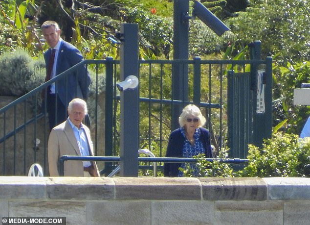 The royal couple were seen wandering the lawns of Admiralty House in Kirribilli, on Sydney's north shore, at around 10am this morning.