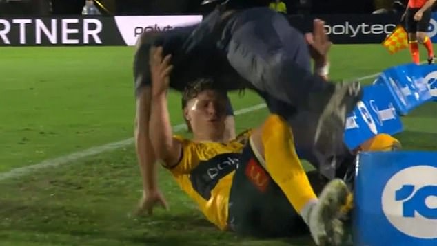 In pouring rain at Gosford during the A-League season opener on Friday night, Mauragis' momentum caused him to slide off the pitch and collide with Kisnorbo (pictured).