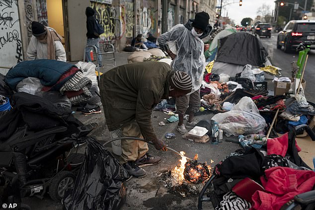 A grim scene on Los Angeles' infamous Skid Row in February 2023. California has poured money into the homelessness crisis, but the money doesn't seem to be yielding tangible results.