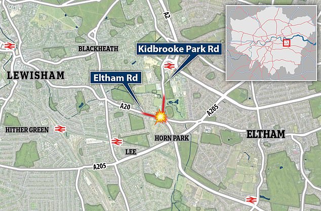 This map shows where the crash occurred at 6.15pm in south-east London on Thursday night.