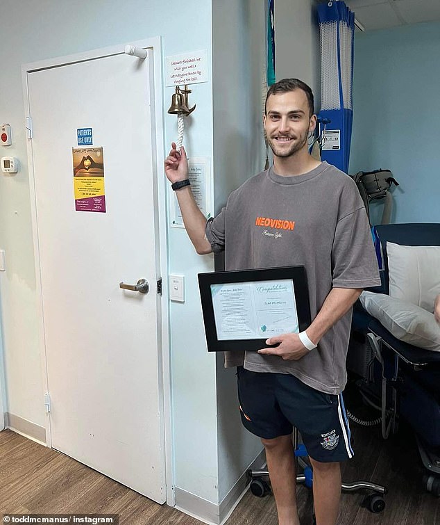 After six months and six rounds of intravenous chemotherapy, McManus posted an image online ringing the bell in December 2023 on Instagram.