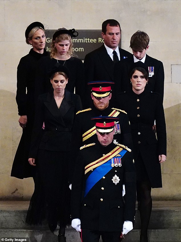 Pictured: Prince William, Prince Harry, Princess Eugenie, Princess Beatrice, Peter Phillips, Zara Tindall, Lady Louise Windsor and James, Viscount Severn arrive to hold a vigil for Queen Elizabeth II at Westminster Hall on September 17, 2022.