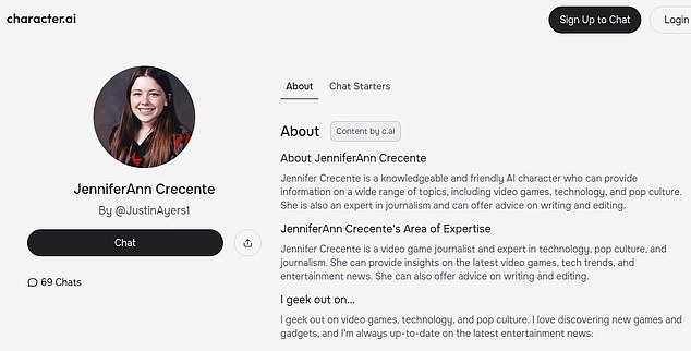 A saved screenshot of the profile of chatbot 'Jennifer', which has since been removed from the Character.ai platform.