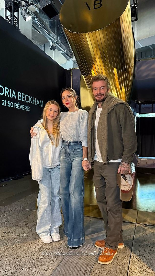 Harper Seven with her parents Victoria and David Beckham at an event in London to promote her mother's perfume brand Reverie, which stands for 