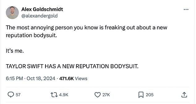 One X (formerly Twitter) user wrote: 'The most annoying person you know is freaking out over a new reputation suit. It's me. TAYLOR SWIFT HAS A NEW REPUTATION BODY