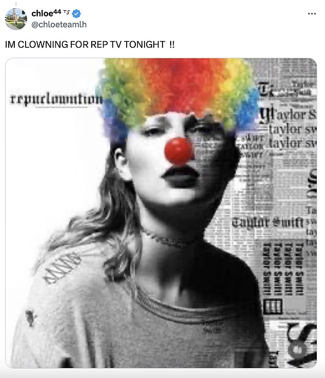 Another fan took a black and white photo of the Anti-Hero singer and gave her a clown nose and a rainbow afro wig. They subtitled it: 'Tonight I'll be the clown for REP TV.'