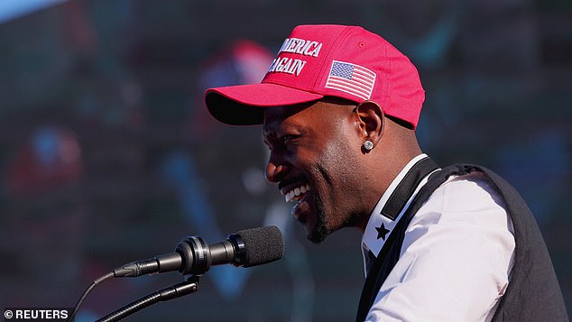 Former NFL star Antonio Brown speaks during Republican presidential candidate and former US President Donald Trump's Make America Great Again rally in Latrobe, Pennsylvania.