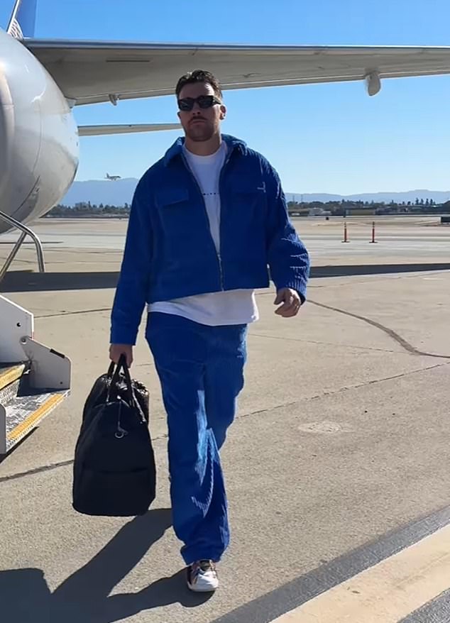 Kelce wore a stylish blue corduroy tracksuit as he stepped off the team plane.