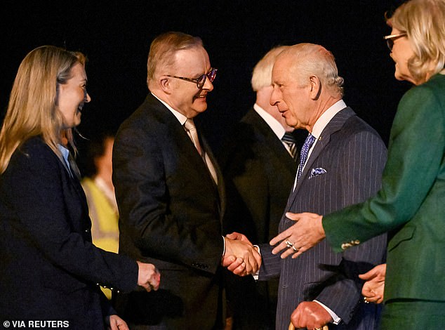 King Charles III and Queen Camilla were welcomed by Prime Minister Anthony Albanese and his partner Jodie Haydon.