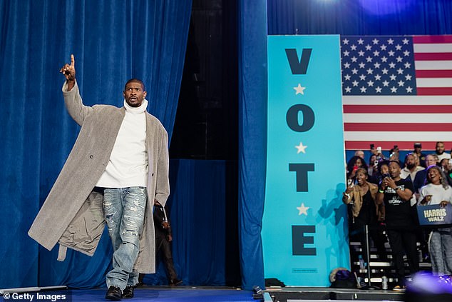 Usher taking the stage in Atlanta for Kamala Harris. The singer sang 'are we ready?' as the crowd chanted after delivering his remarks. 'Let's do this,' he concluded.