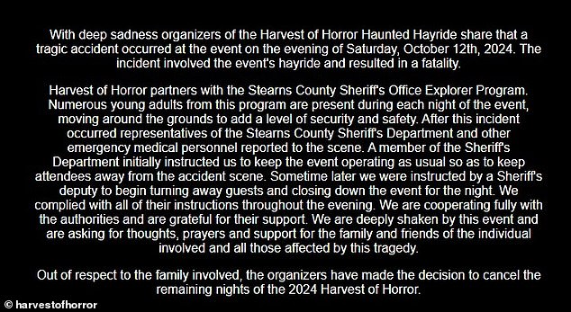 The Harvest of Horror also released a statement regarding Mick's death, saying that the loss filled them with sadness. 