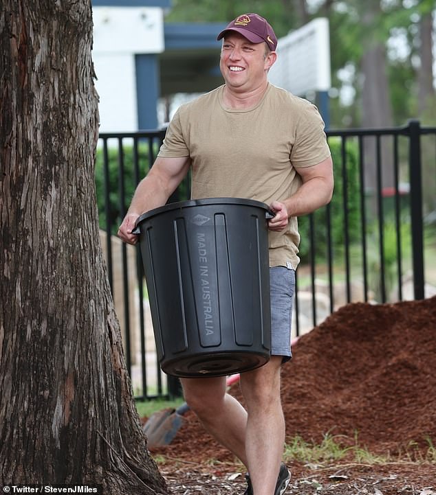 Miles has caused a stir after showing off his muscles in a professionally candid photo taken in the work bee of a Brisbane school.