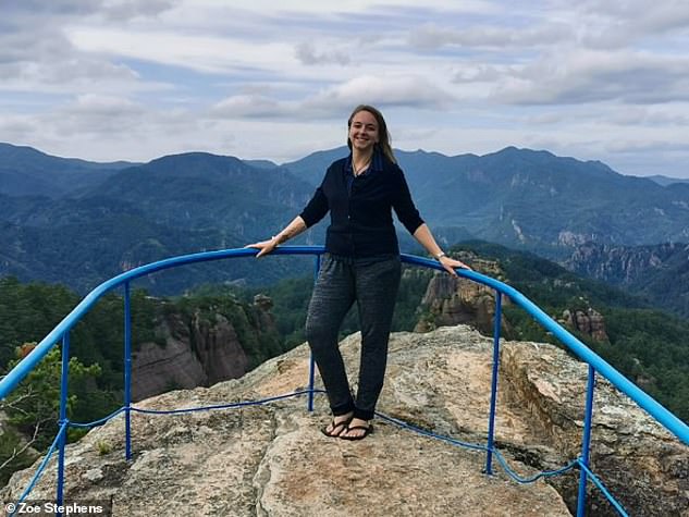 Zoe says: 'It's a shame (North Korea) is so closed off. It would be great to go camping or hiking.' Here, she is located on Mount Chilbo in Hamgyong Province.