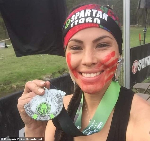 Jermain's aunt, Valenda Morigeau-Underwood, participated in a Spartan race to keep her niece's story alive for #missingandmurdered Indigenous women. The red handprint painted on his mouth symbolizes 