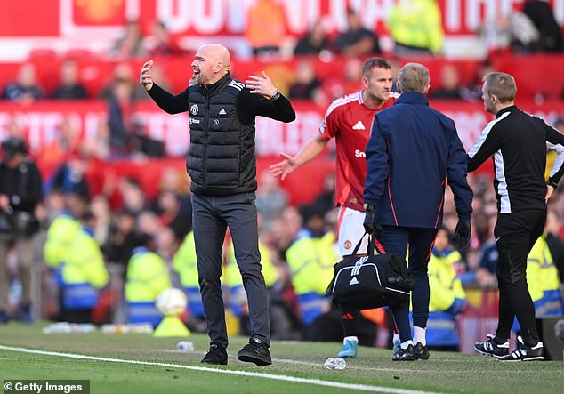 Erik ten Hag and Van Nistelrooy were booked for their reactions after being left with 10 men to defend the corner at the end of the first half, with De Ligt's head covered in blood.