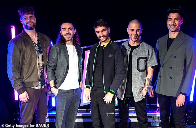 LR: The Wanted stars Jay McGuiness, Nathan Sykes, Tom Parker, Max George and Siva Kaneswaran in 2021