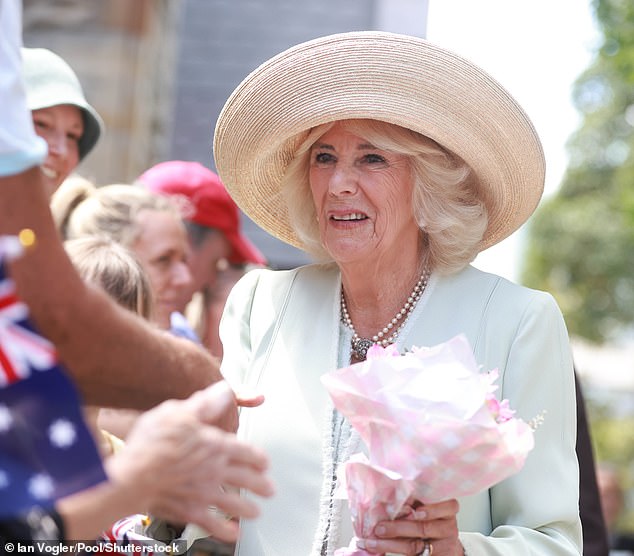 Camilla, dressed in a pale green Anna Valentine dress and straw hat, received a corsage before being greeted by the Archbishop of Sydney, the Most Reverend Kanishka Raffel and the Bishop of North Sydney, the Most Reverend Chris Edwards.