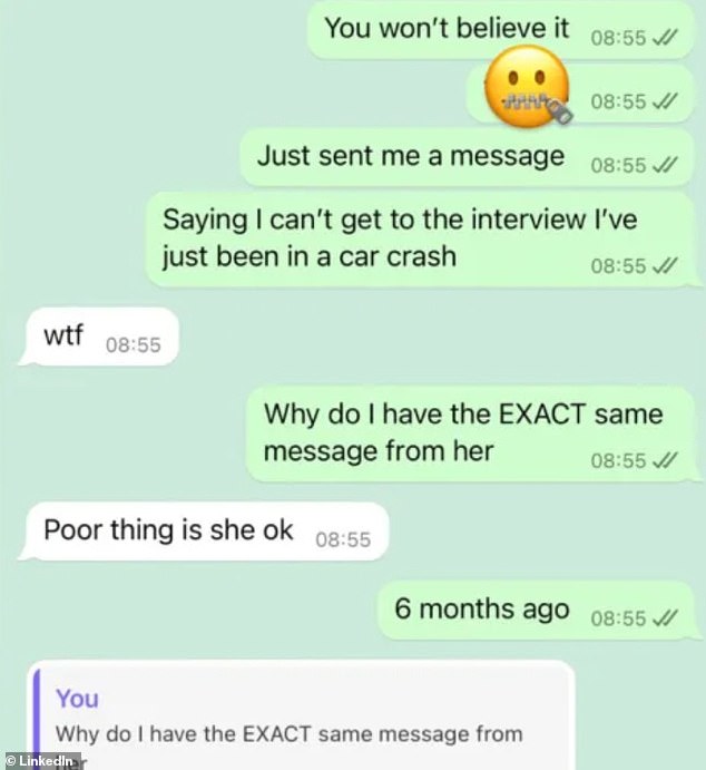 Ms Calder said many candidates claimed to have been in a car accident, after a fellow recruiter shared this text exchange online.