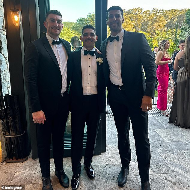 The Brisbane Lions forward married Caitlin at The Valley Estate in Currumbin on Saturday. Pictured left to right: Daniel McStay, Charlie Cameron, Archie Smith