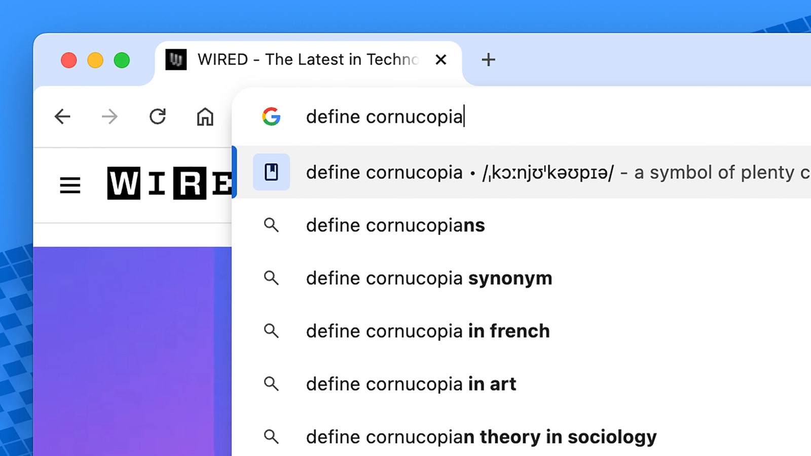 Screenshot of typing define cornucopia in the Chrome address bar