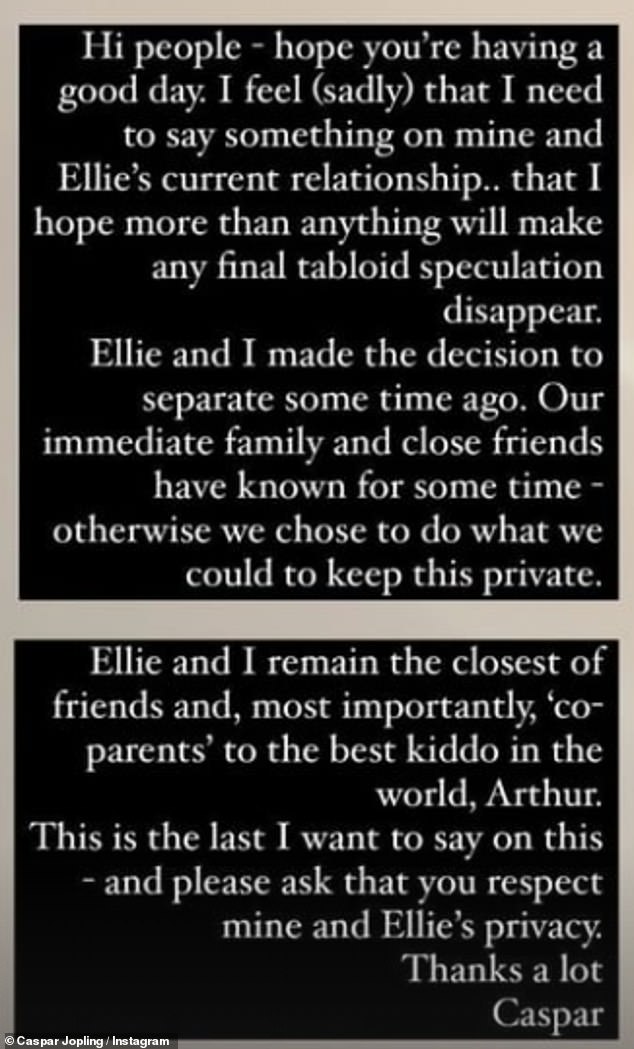 Her ex-husband Casper, a wealthy art dealer, added: Ellie and I remain close friends and, most importantly, 'co-parents' to the best boy in the world, Arthur.