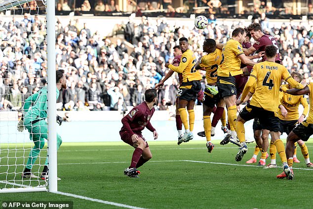 Stones jumped highest in a crowded Wolves penalty area to direct a powerful header towards goal.