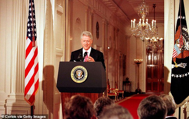 Pictured: Then-President Bill Clinton held a press conference in the East Room of the White House where he discussed topics such as the custody battle over Elián González in 1999.