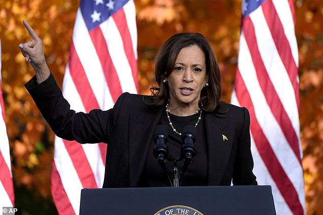 Democratic presidential candidate Vice President Kamala Harris speaks at a campaign rally in Riverside Park, Friday, Oct. 18, 2024, in Grand Rapids, Michigan.