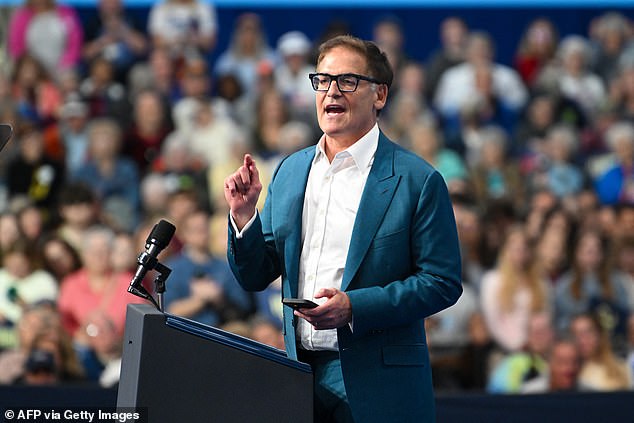 Mark Cuban speaks at a Kamala Harris campaign event in La Crosse, Wisconsin.