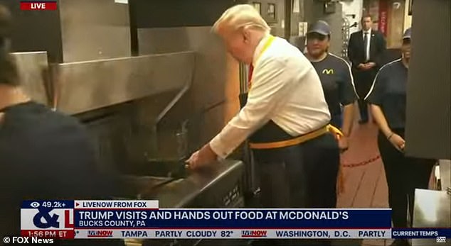 Former President Donald Trump prepares French fries at a McDonald's in suburban Philadelphia in an attempt to troll his opponent, Vice President Kamala Harris. Trump insists Harris made up that she worked at a McDonald's when she was a student in California