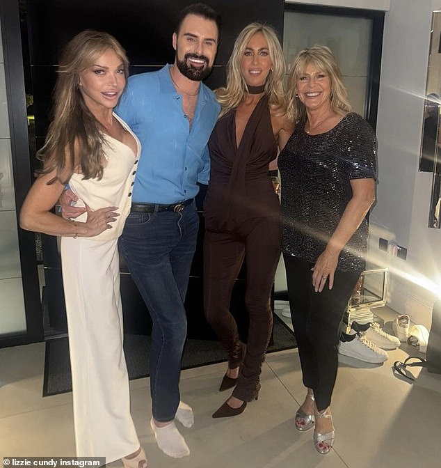 The evening was documented by Lizzie Cundy, 57, who shared a glimpse of the lavish house party on Instagram, where she enjoyed the company of some close friends including Ruth, 64, host Rylan, 35, and her cousin Kimberley Morgan.