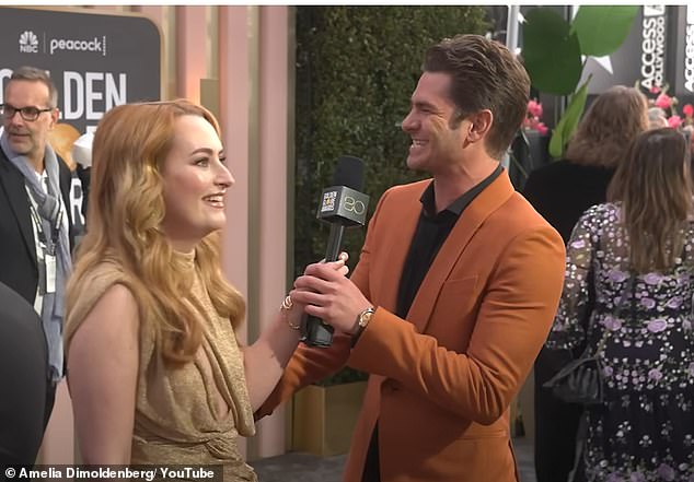 They had previously gone viral last year, after several clips of them flirting while Amelia interviewed Andrew on the red carpet caused fans to beg for them to this day (pictured at the 2023 Golden Globes).