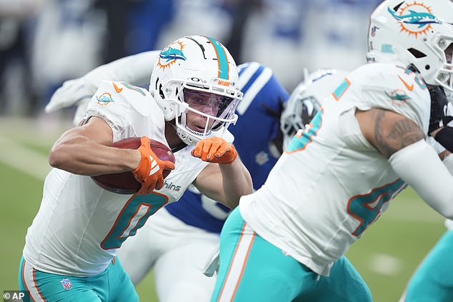 Dolphins wide receiver Braxton Berrios runs for yards during the first half on Sunday