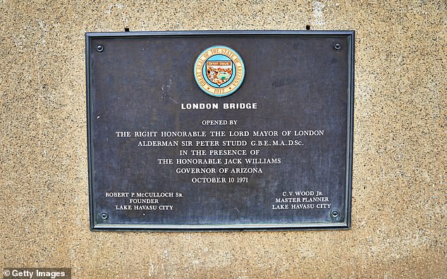 Pictured: London Bridge commemorative plaque on the wall of London Bridge in Lake Havasu.