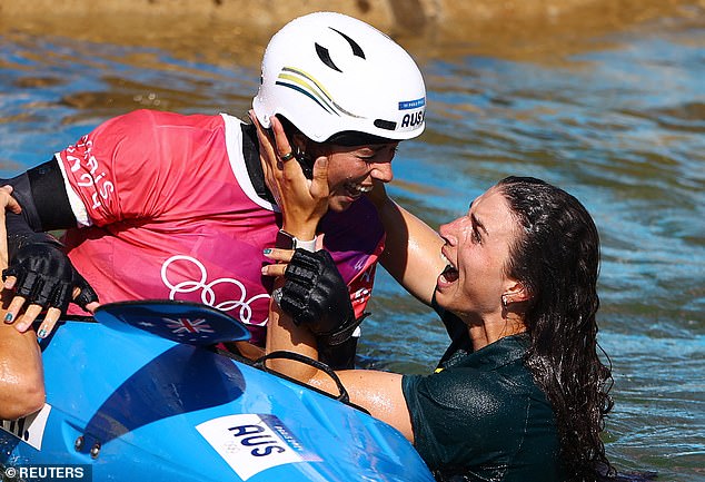 The excitement boiled over when her sister Noemie also took gold, with Jessica jumping into the water to celebrate with her.