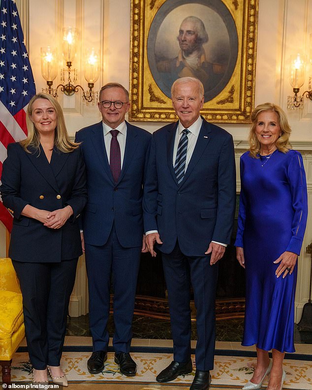 Haydon was wearing a very similar navy suit when Prime Minister Albanese, US President Joe Biden and his wife Jill Biden met for a private dinner in October 2023.