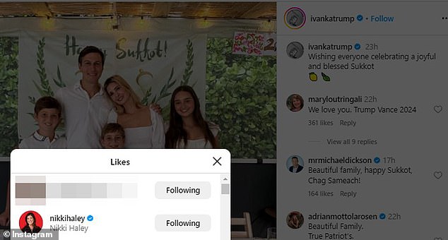 On Saturday, a hint of the thaw between Haley and Trump could be seen when the former South Carolina governor liked a photo posted by Ivanka.